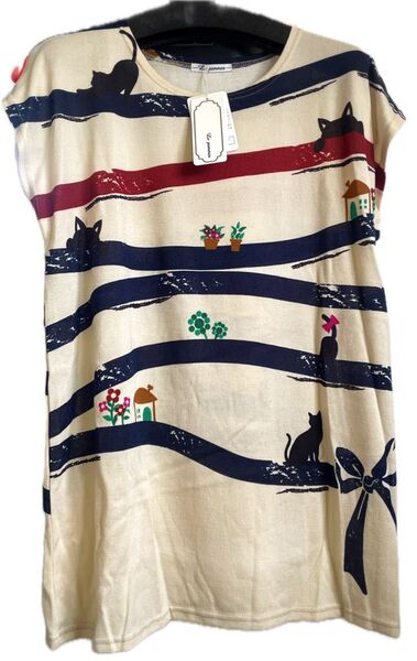 猫と花プリント ノースリーブTシャツ ネコちゃんプリントロングゆったりワンピース