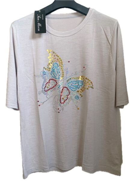 蝶モチーフ スパンコール仕様。ビジュー装飾 半袖Tシャツ M~Lサイズ新品タグ付 さらさら生地で着心地爽快!