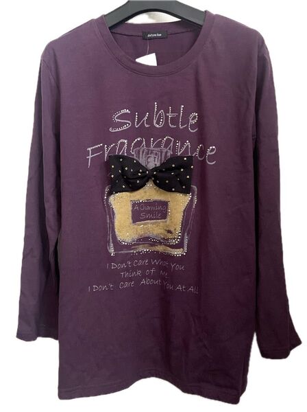 紫色ダークパープル長袖 Tシャツプリント&ラインストーン装飾リボン付き3L新品