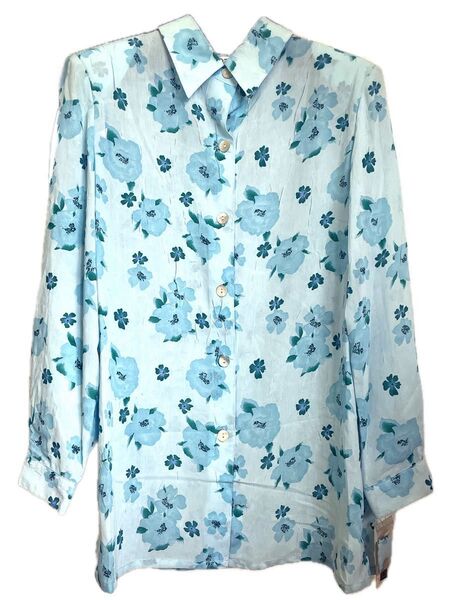 水色の花柄 長袖シャツ シェルボタン シアーシャツ透け感ブラウス新品タグ付き