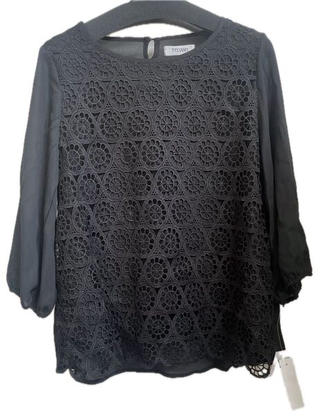 TELVIANブラックレーストップス黒 刺繍レースシャツ新品タグ付きシアー黒服
