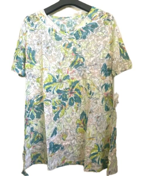 花柄半袖ロングシアーチュニック新品タグ付きプレゼントにもデコルテラインストーン