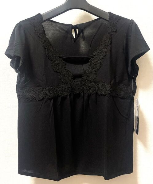 黒いレース刺繍の半袖ブラウスインナー縫込み付き新品タグ付きプレゼントにもLサイズ