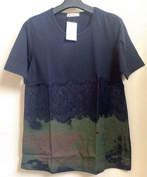 ネイビーレース装飾 ネイビー×カーキ半袖Tシャツ新品タグ付きプレゼントにも