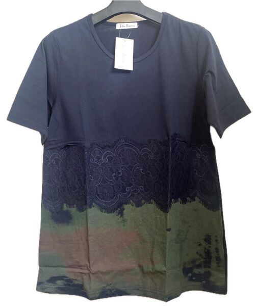 ネイビーレース装飾 ネイビー×カーキ半袖Tシャツ新品タグ付きプレゼントにも