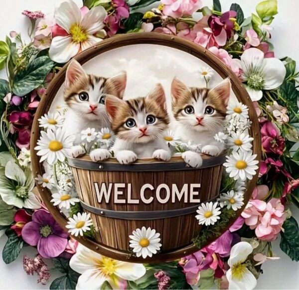 ねこ 猫 ネコ ウェルカムボード ガーデニング リース 木製 玄関 ドア飾り 壁飾り お花 アンティーク