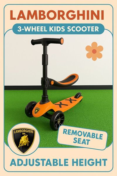 未使用品 ランボルギーニ 三輪キックスクーター|着脱式シート付き・高さ調整可能(オレンジ)