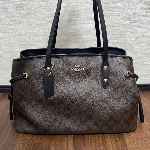 美品 coach コーチ シグネチャー ドローストリング キャリーオール バッグ トートバッグ ブラウン ブラック