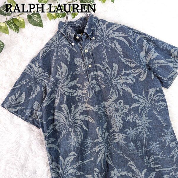 RALPH LAUREN ラルフローレン アロハシャツ リネン コットン 総柄 M 綿 麻 半袖シャツ ヤシの木 ボタンダウン