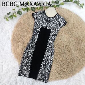 BCBG MAXAZRIA ビーシービージーマックスアズリア ニットワンピース ジャージー素材 黒 白 XS ひざ丈ワンピース