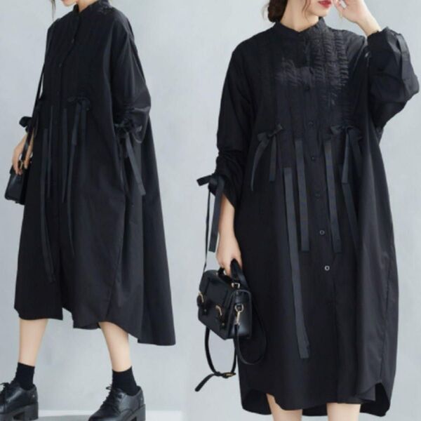 ★未使用に近い★極美品★モード系 黒可愛い リボン付き シャツ チュニック ワンピース フリーサイズ