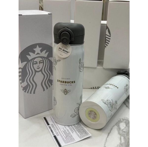 スターバックス 魔法瓶 白 金薔薇 蜂 シンプル 大人 水筒 500ml ロック付き STARBUCKS ボトル スタバ 新品