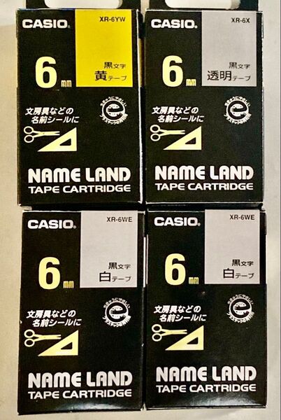 ◆カシオ/ネームランド/テープ/6ミリ/黒文字/黄・透明・白2個/4個セット