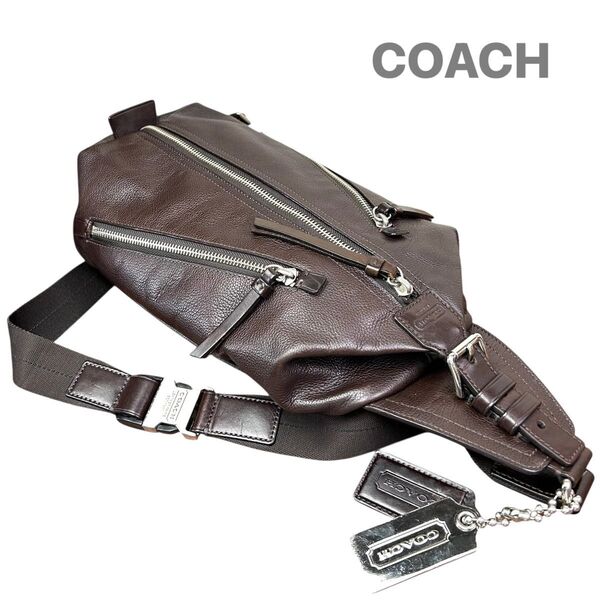 COACH コーチ トンプソン ボディバッグ クロスボディ ショルダーバッグ 斜め掛け レザー 本革 ダークブラウン シボ革