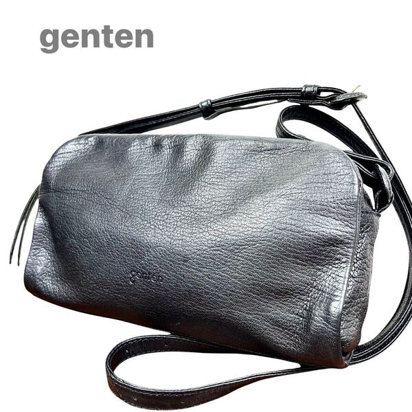 genten ゲンテン ショルダーバッグ ポーチ クラッチバッグ 2way ブラック レザー 本革 ロゴ型押し 希少 黒