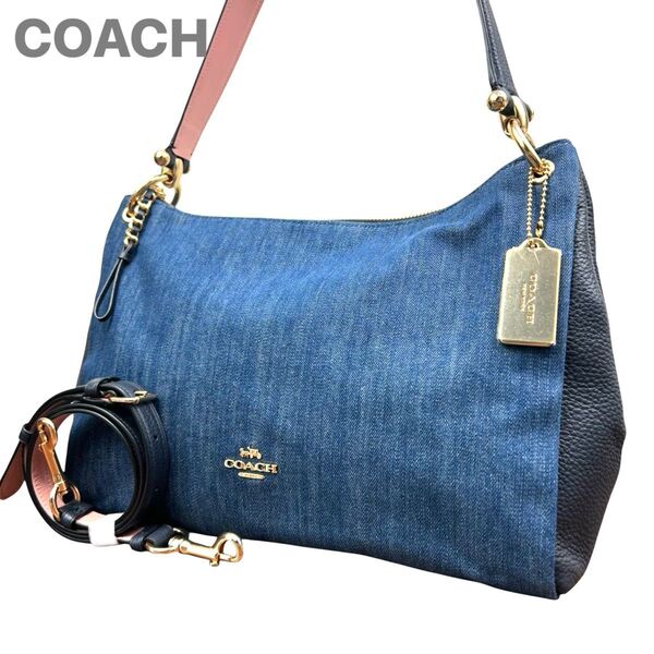 COACH coach コーチ ショルダーバッグ ハンドバッグ ワンショルダー デニム キャンバス レザー ネイビー系2WAY