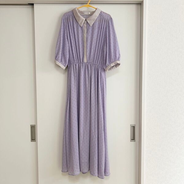 【美品】ハニーズ ロングワンピース 総柄 パープル 襟付き 配色ワンピース Mサイズ 半袖