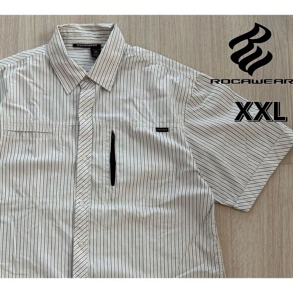 Roca wear ロカウェア ストライプ ボタンダウン 半袖 シャツ XXL ホワイト 水色 ブラック