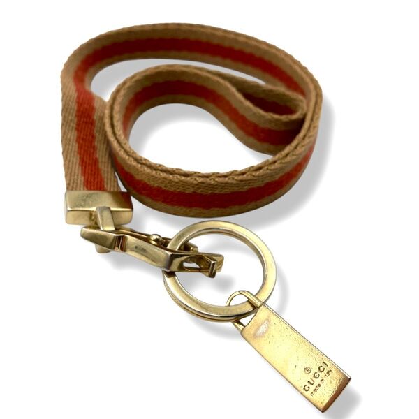 GUCCI グッチ ネックストラップ ウェブライン スマホ キーホルダー ブラウン レッド ゴールド 茶色 赤 キャンバス
