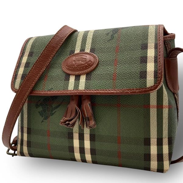 【希少】 Burberry's バーバリーズ ショルダーバッグ PVC レザー ノバチェック シャドーホース タッセル グリーン