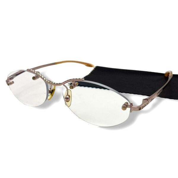 Dior ディオール メガネフレーム 眼鏡 度入り チタン 日本製 ラインストーン ピンクベージュ CD-7580J
