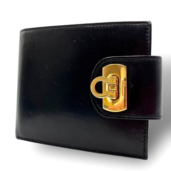 Salvatore Ferragamo サルヴァトーレフェラガモ ガンチーニ 二つ折り財布 レザー 本革 ブラック ゴールド