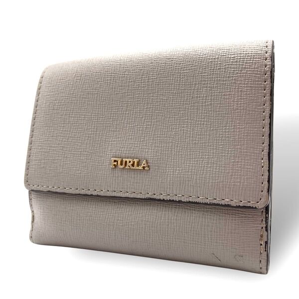 FURLA フルラ 二つ折り財布 コンパクト レザー 本革 グレー 灰色 ロゴ金具 ロゴ型押し