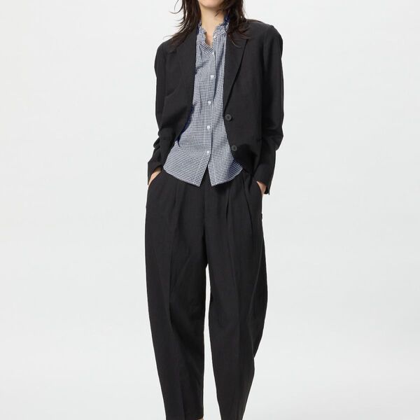 ユニクロ UNIQLO リネンブレンドバレルレッグパンツ 丈短め Lサイズ ブラック 09 BLACK 新作 2025 低身長