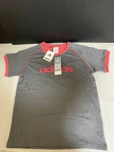 即決/未使用/タグ付/adidas/アディダス/半袖Tシャツ/Lサイズ/綿/ポリエステル/グレーピンクライン/保管時のたたみ跡よれシワ有