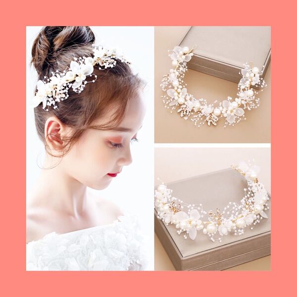 1090 ブライダル ヘッドドレス パール カチューシャ ヘアアクセサリー ウェディング 髪飾り 結婚式 花 ゴールド ホワイト