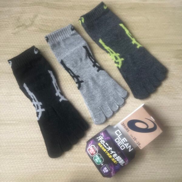 asicsアシックス 五本指ソックス 3足組 サイズ 26〜28cm ( ロゴ→両面 )