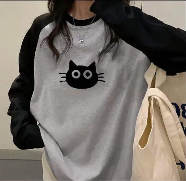 黒猫ちゃんプリント長袖Tシャツ 新品M 黒モノトーンロンT猫柄