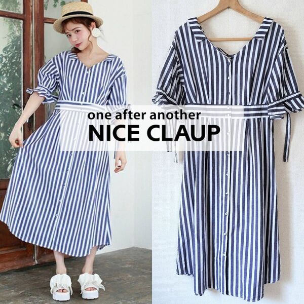 【NICE CLAUP】オンナっぽワンピース ストライプ ロングワンピース ブルー 半袖 襟付き リボンワンピース 女っぽ