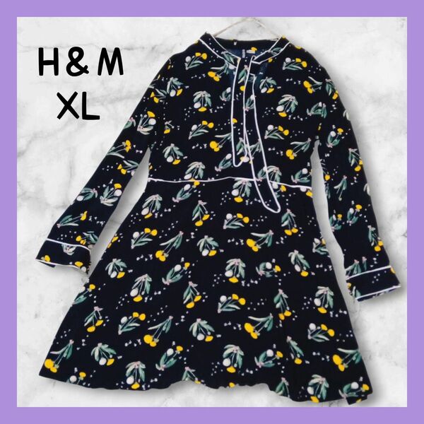 ☆綺麗見え☆H&M エイチアンドエム 花柄 ワンピース XL リネンライク ブラック 大きいサイズ デート服