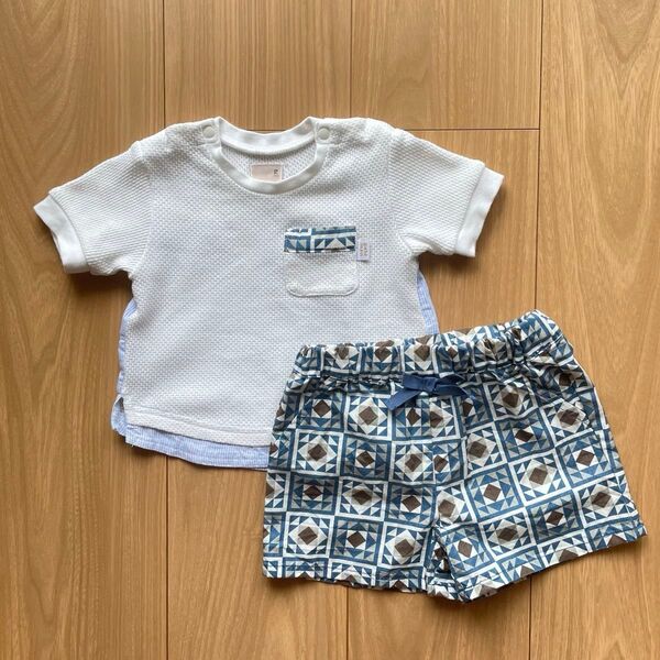 プティマイン petit main セットアップ 70cm パッチワーク Tシャツ ショートパンツ 半袖Tシャツ 上下セット