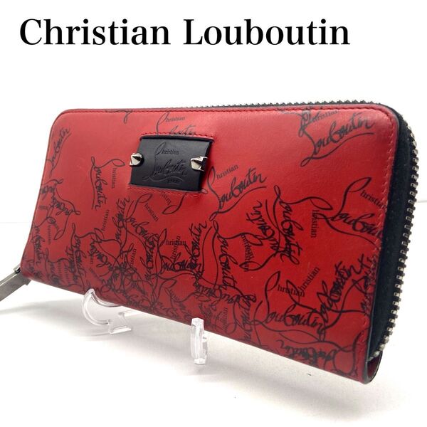 激レア Christian Louboutin クリスチャン ルブタン 長財布 ラウンドファスナー レッド ロゴ 総柄 レザー