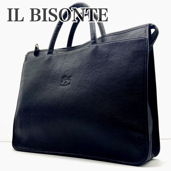 入手困難 IL BISONTE イルビゾンテ ビジネスバッグ ブリーフケース 肩掛け 本革 ブラック ロゴ刻印 A4 極美品
