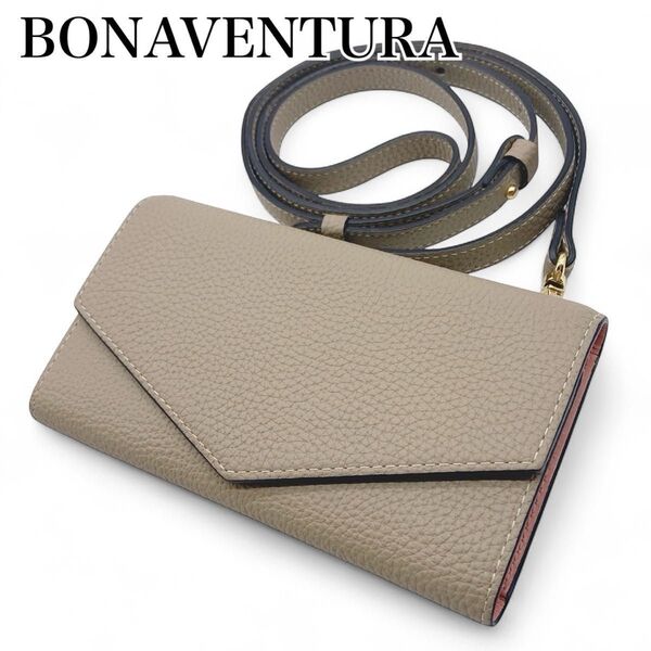 未使用級 BONAVENTURA ボナベンチュラ iPhone ケース 14/14Pro 手帳型 ストラップ ミラー グレージュ