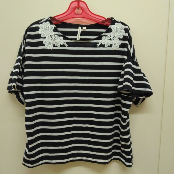 半袖 ストライプ Tシャツ カットソー レースつき フリル袖 LL 紺色 ネイビー