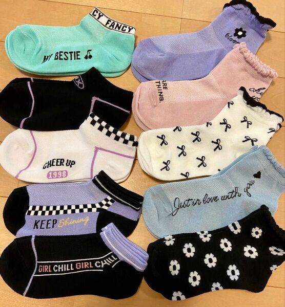 新品 女の子 女児 くるぶし丈 靴下 19-24cm 10足セット 英字 ソックス キッズソックス