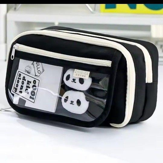 ペンケース 透明窓付き 黒ブラック ポーチ 小物入れ高校生育児用品旅行買い物