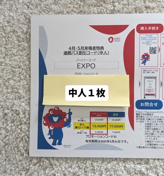 万博チケット 通期パス 割引コード (中人1枚)