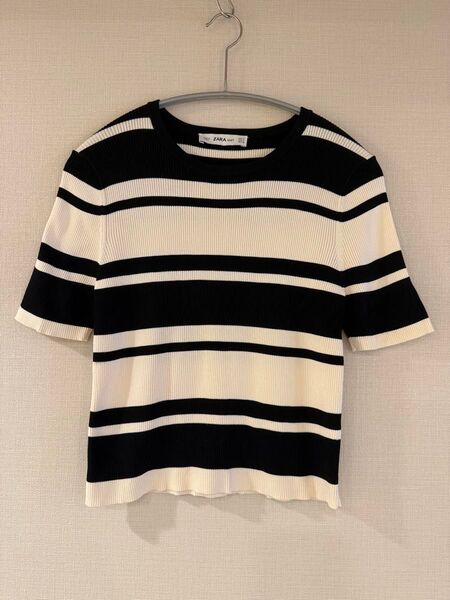 ZARA 半袖 ボーダー リブ ニット M 短丈 ホワイト ブラック 着痩せ