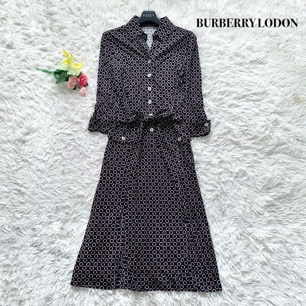【美品】BURBERRY LODON バーバリーロンドン ロング丈 ワンピース 総柄 ベルテッド ブラック M