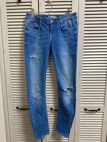 【クーポン利用で500円OFF!】 ZARA ダメージ加工 スキニー デニム パンツ US8