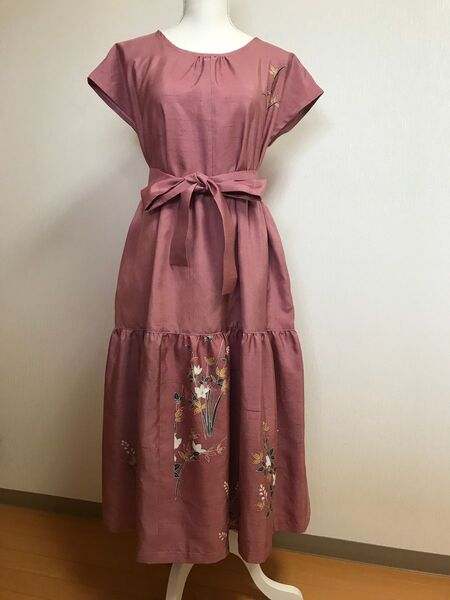 ゆったりワンピース フレンチスリーブ 着物リメイク 紬 ピンク