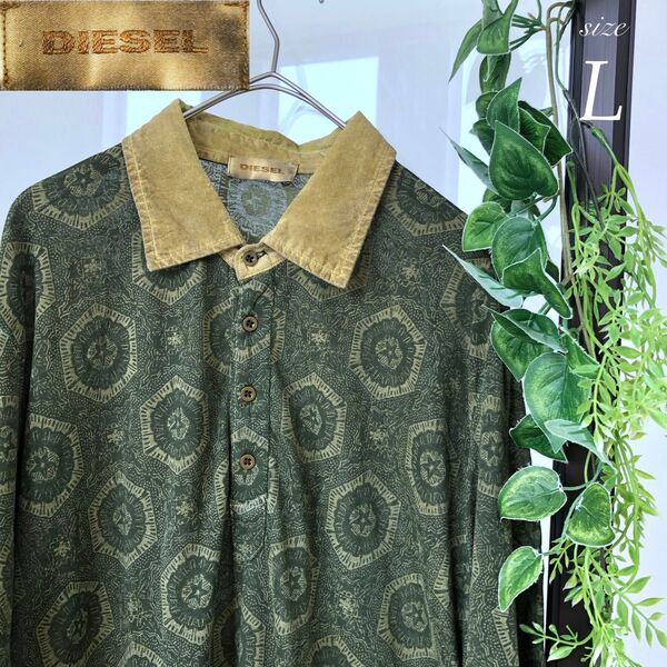 極希少 DIESEL ディーゼル ポロシャツ ビンテージ加工 幾何学模様 グリーン L メンズ