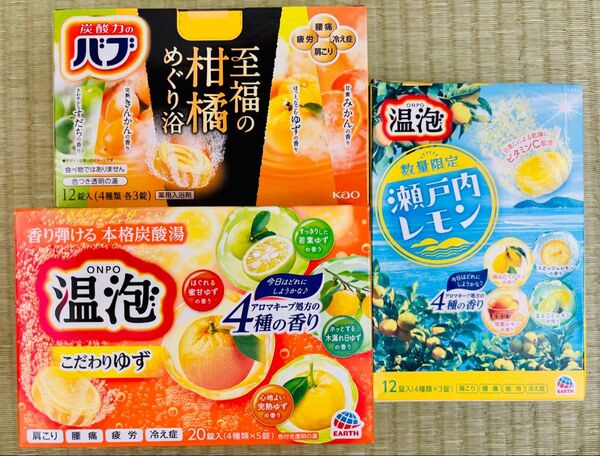 ③柑橘系 入浴剤 花王バブ kao 至福の柑橘めぐり浴 温泡 こだわりゆず アース製薬 cool 瀬戸内レモン12種類24個