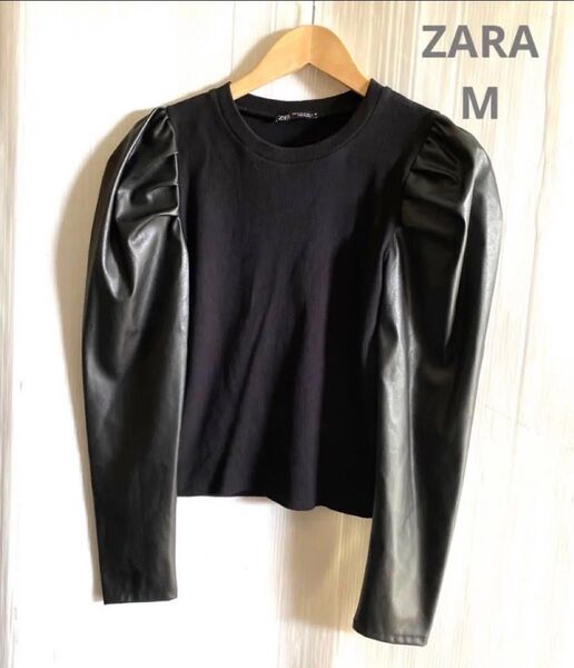 【ZARA】パフスリーブ トップス フェイクレザー