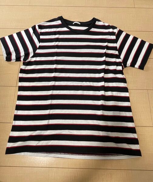 GU メンズ ボーダーTシャツ ブラック×ホワイト×レッド Mサイズ 半袖 黒×白×赤